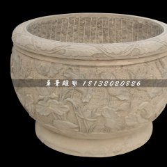 水缸石雕，荷花浮雕水缸